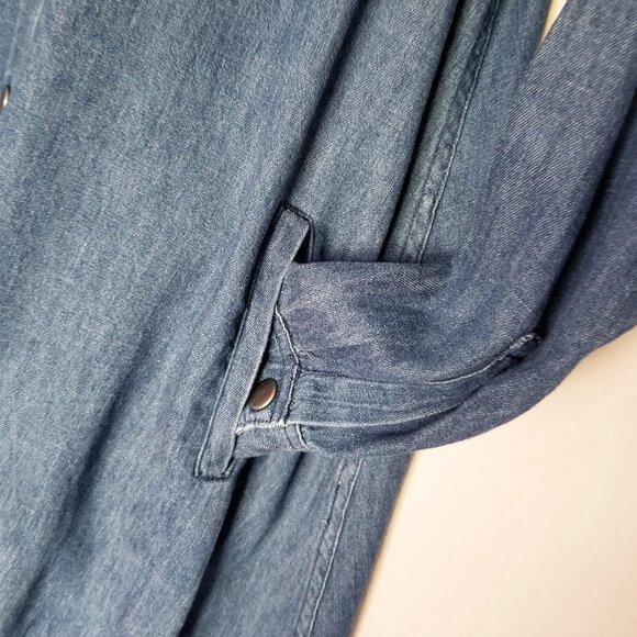 Ruti Chambray Denim Shirt Dress Hemp Organic Cotton Snap Button Frayed Hem Blue - Picture 15 of 16